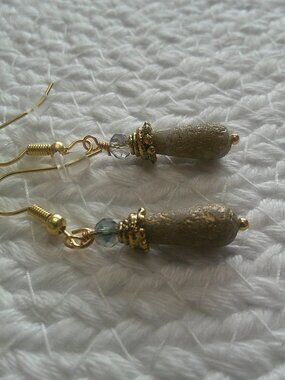 Stunning GREEN & GOLD RESIN with CRYSTAL Handmade Gold Dangle Earrings #318F
